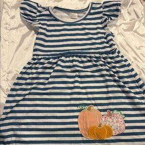 Striped Blue and White Dress with Pumpkin Appliqué